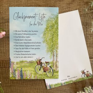 Handillustrierte große Postkarte Glücksmomente Mai Lupinen Birken Fahrrad Blumenkorb Frühlingswiese von Ann und Jan