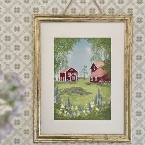 Handillustrierter Kunstdruck Mittsommer Schwedenhäuser Mitsommerstange Wildblumen Birken von Ann und Jan DIN A4 im Bilderrahmen aufgehängt