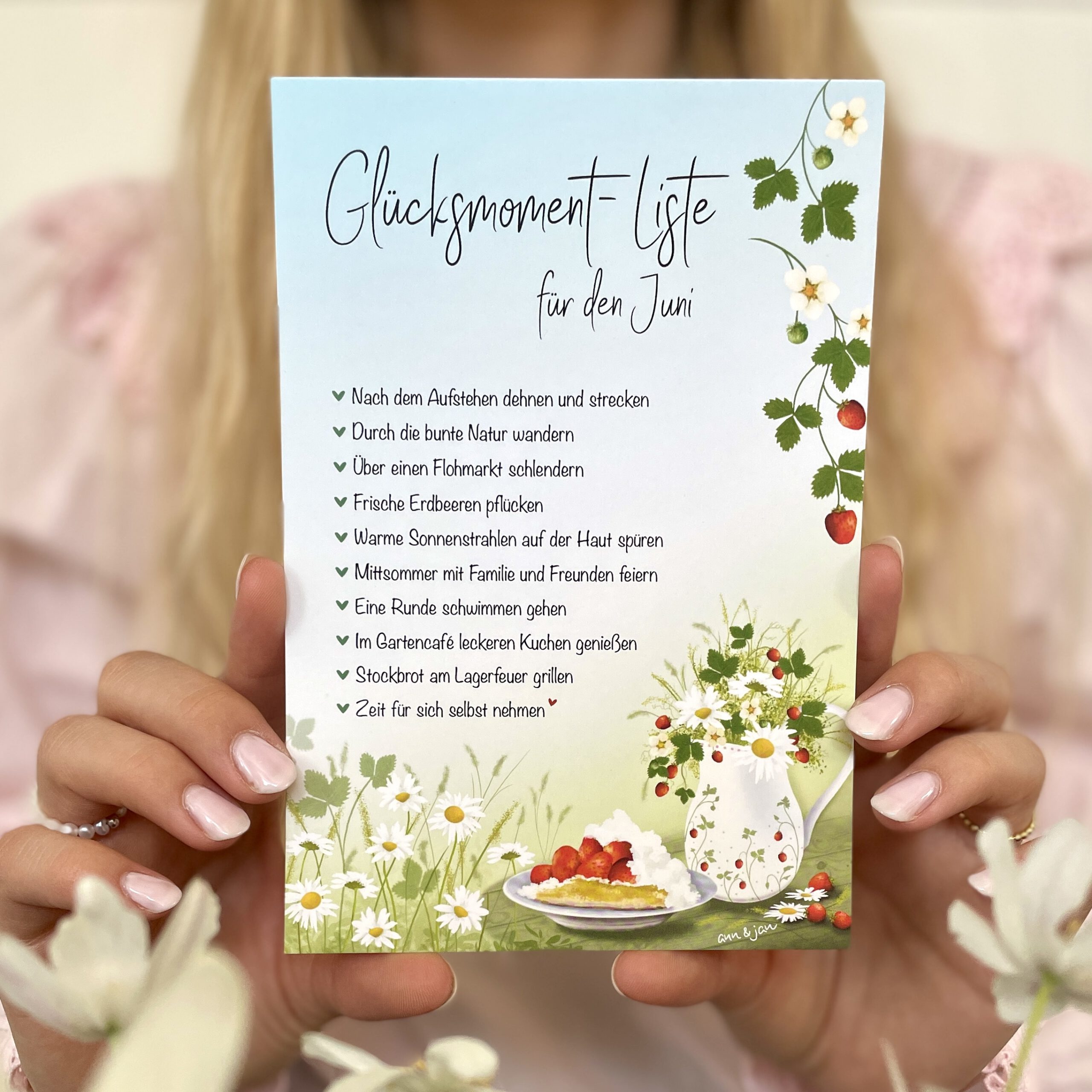 Postkarte Glücksmomente Juni Liste Junimomente Sommer handillustriert Ann und Jan