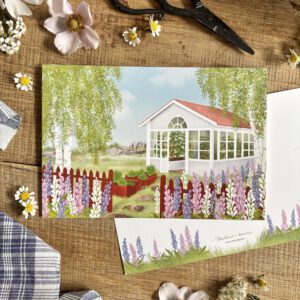 Handillustrierte große Postkarte Växthus schwedisches Gewächshaus Gemüsebeete Birken Lupinen von Ann und Jan