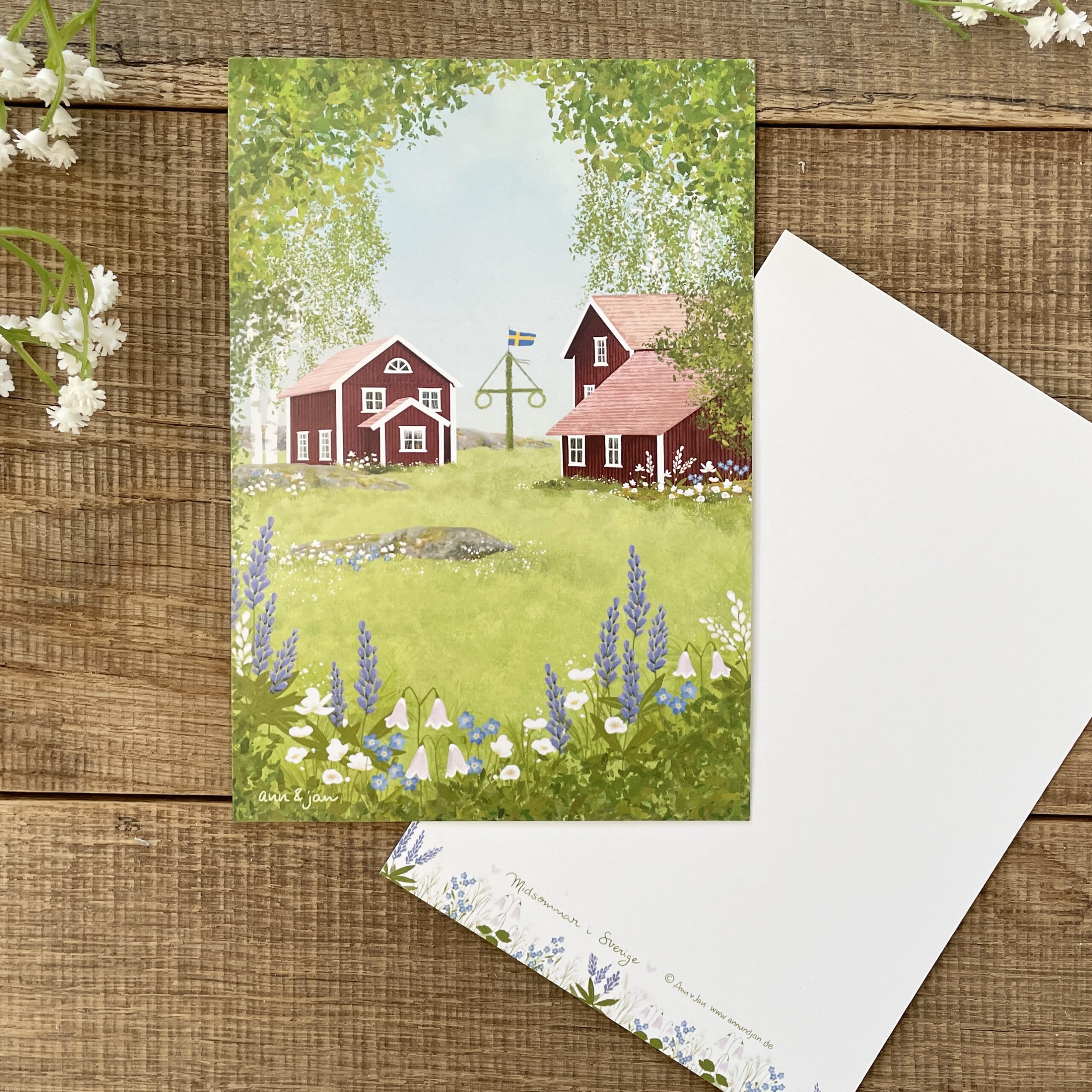 Große Postkarte Midsommar i Sverige Rückseite beschreibbar Chromokarton Ann und Jan