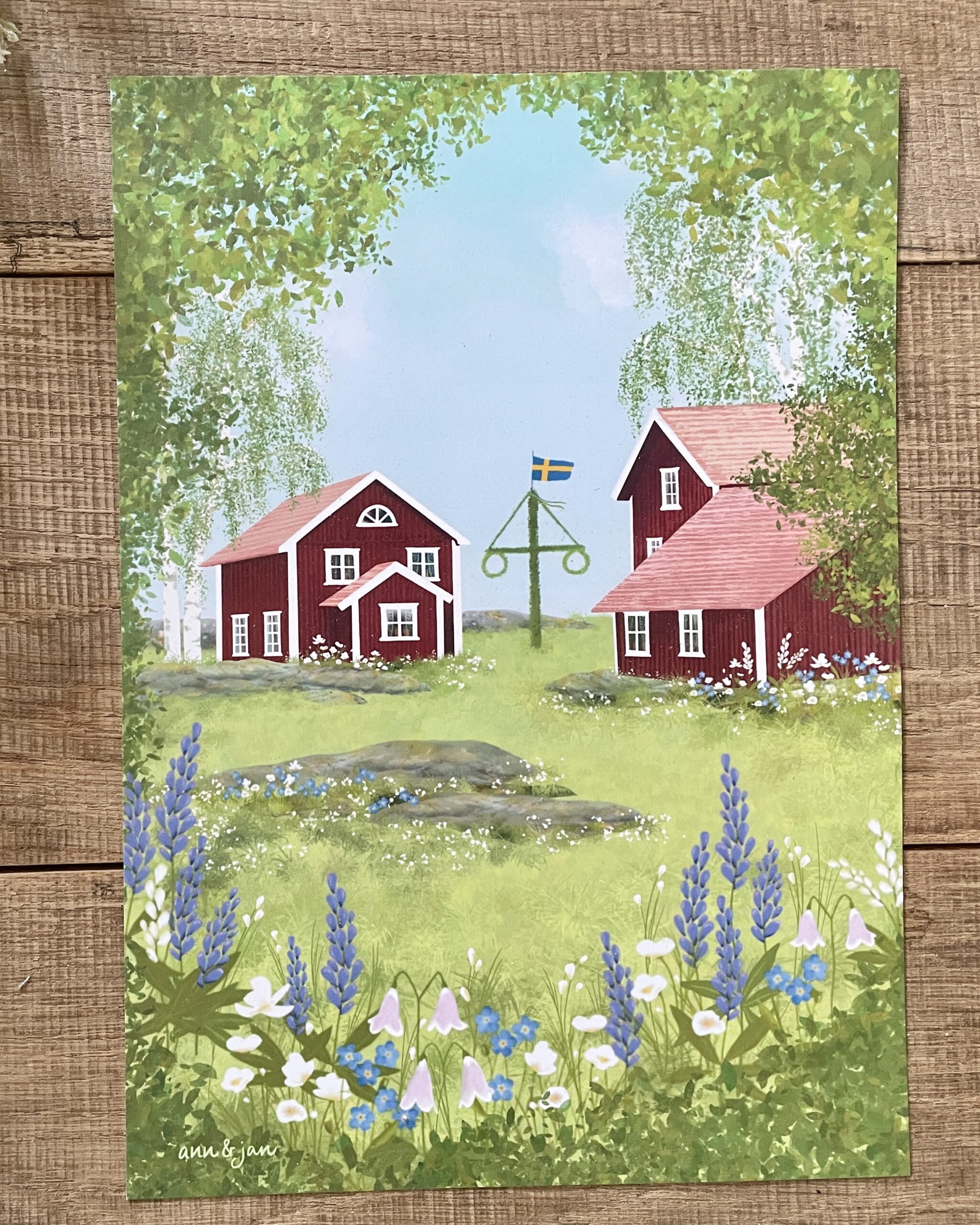 Kunstdruck Mittsommer Detailansicht Mitsommerstange Wildblumen Birken handillustriert Ann und Jan