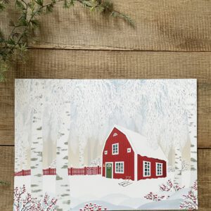 Handillustrierter Kunstdruck Winterzeit rotes Schwedenhaus verschneite Winterlandschaft Birken von Ann und Jan DIN A4 Querformat
