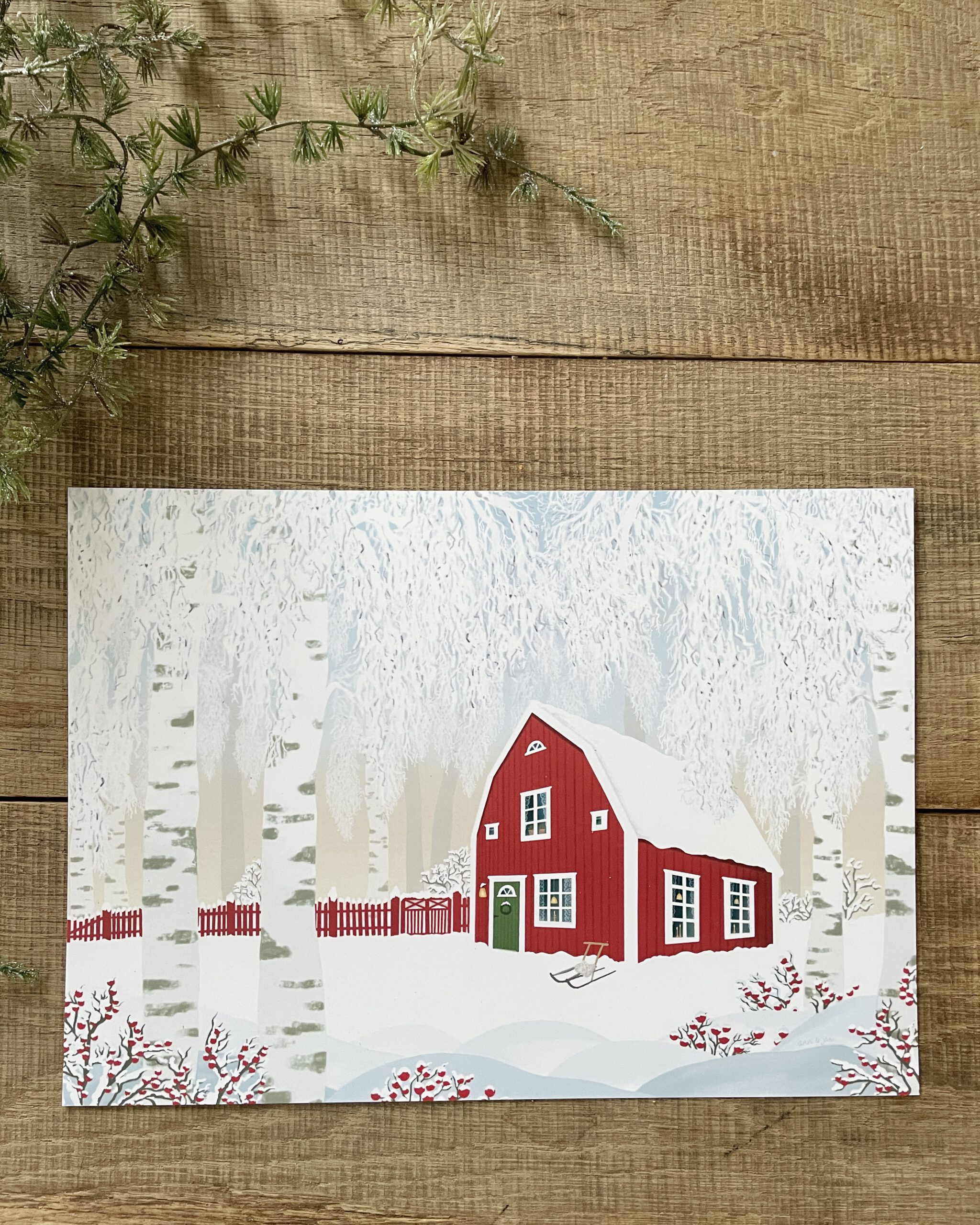 Handillustrierter Kunstdruck Winterzeit rotes Schwedenhaus verschneite Winterlandschaft Birken von Ann und Jan DIN A4 Querformat