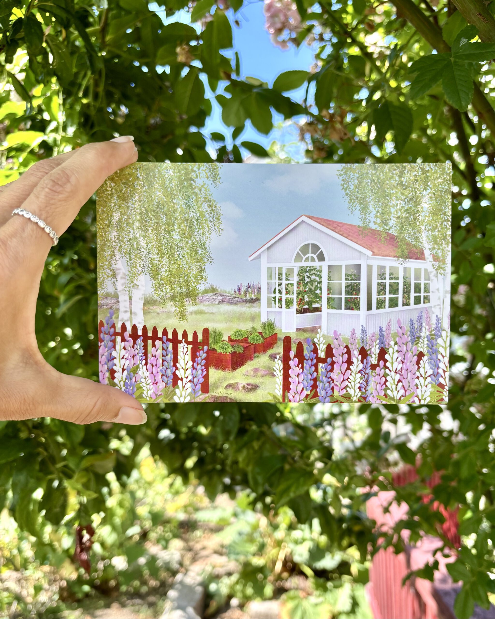 Postkarte Växthus Detailansicht schwedisches Gewächshaus Garten handillustriert Ann und Jan