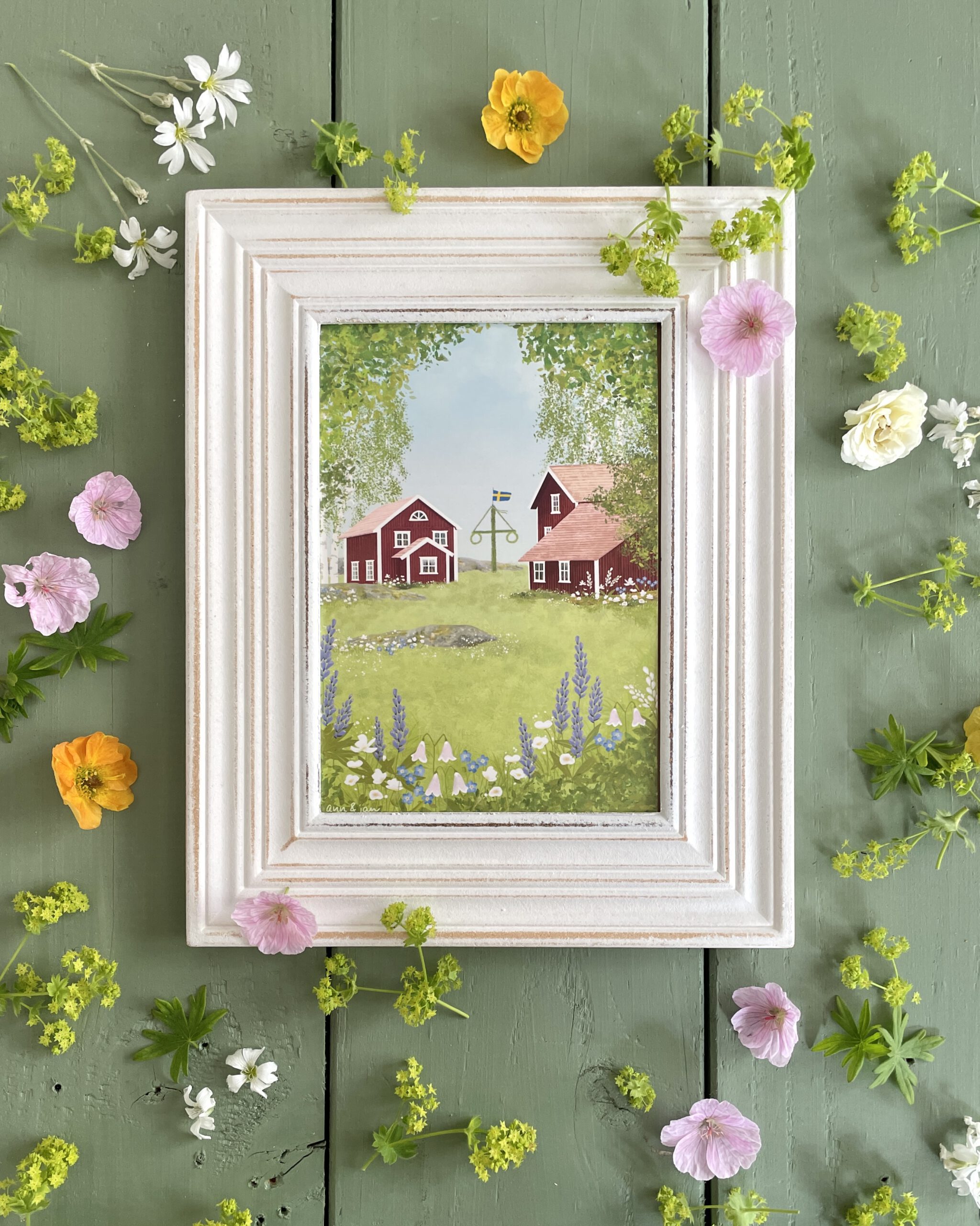 Postkarte Midsommar Detailansicht Mittsommer Schwedenhäuser im Bilderrahmen handillustriert Ann und Jan
