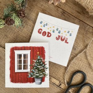 Handillustrierte quadratische Weihnachtsklappkarte Jultid Schwedenhaus Tannenbaum Zinktopf schwedische Wimpeln God Jul von Ann und Jan