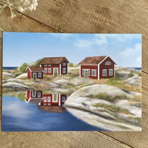 Handillustrierter Kunstdruck Schärengarten Schäreninsel rote Holzhäuser Meer Felsen Himmel von Ann und Jan DIN A4 Querformat