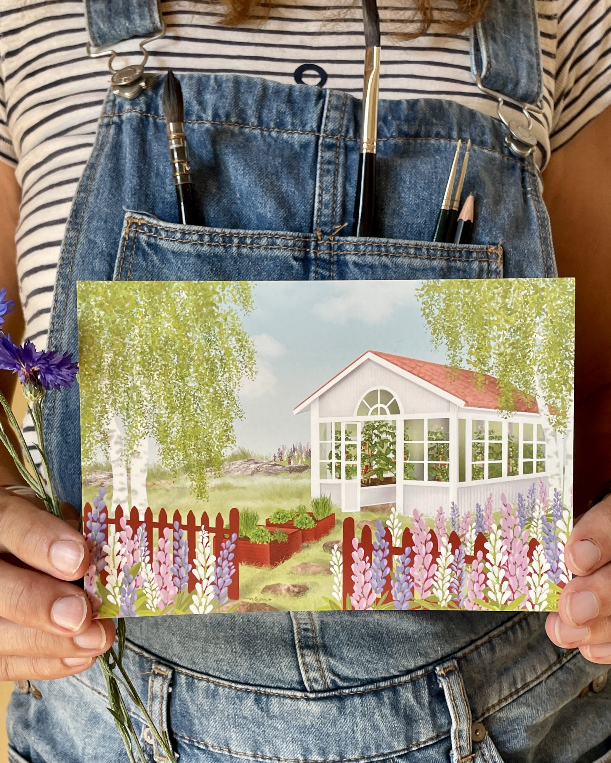Postkarte Växthus Gewächshaus Garten handillustriert Ann und Jan