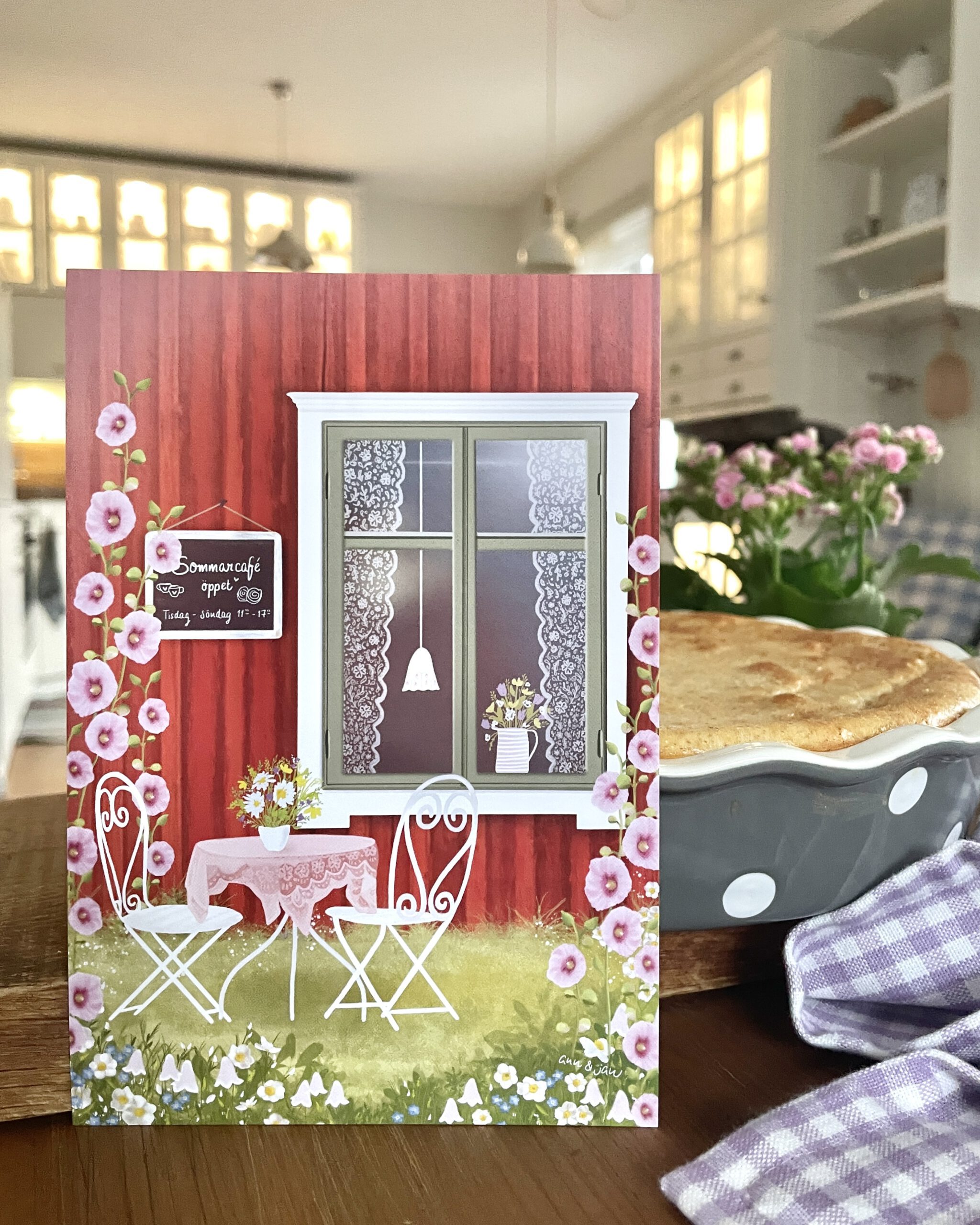 Postkarte Sommarcafé aufgestellt Deko handillustriert Ann und Jan