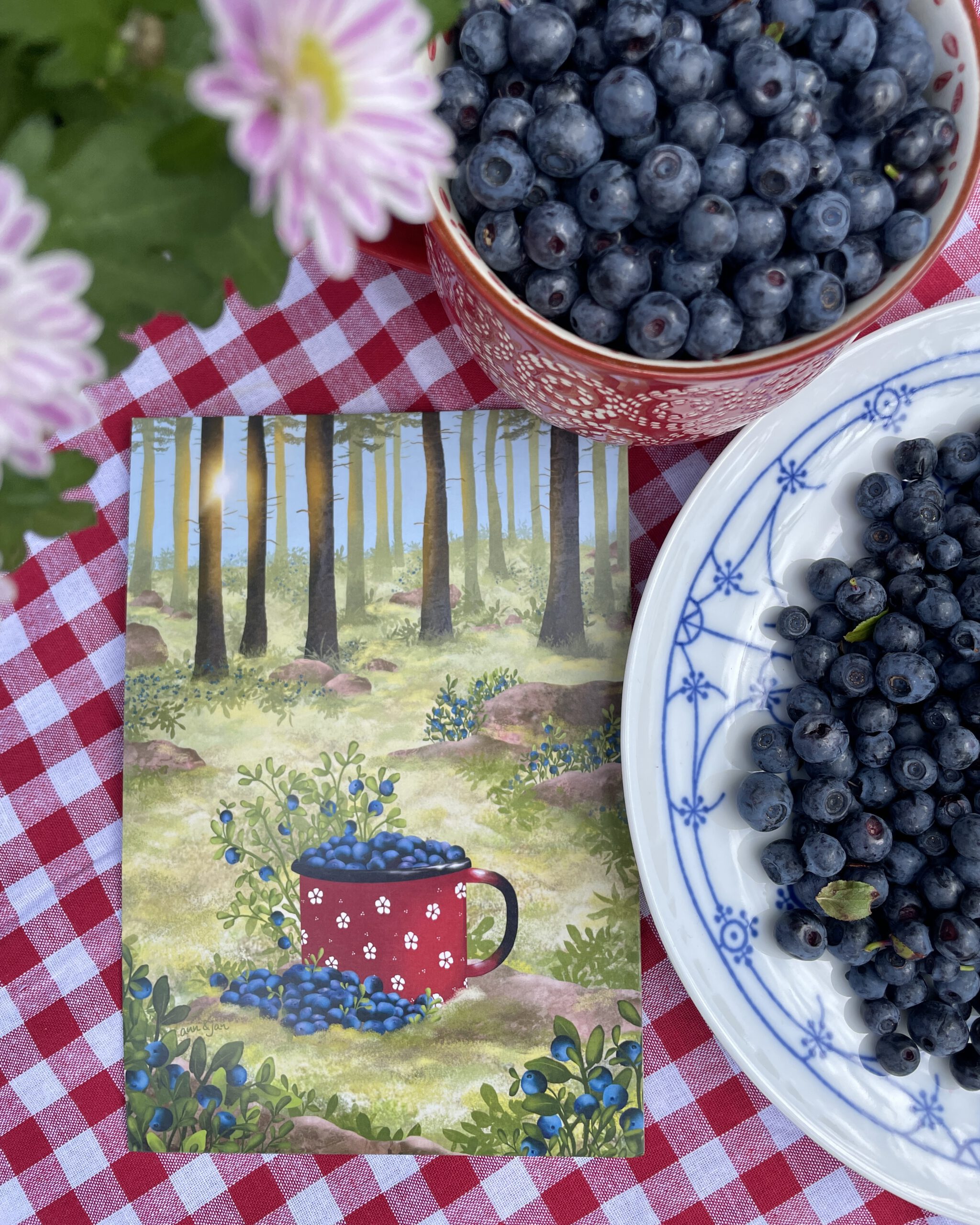 Postkarte Blaubeerwald Blaubeeren handillustriert Ann und Jan