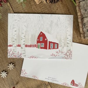 Handillustrierte große Postkarte Winterzeit rotes Schwedenhaus verschneite Winterlandschaft von Ann und Jan