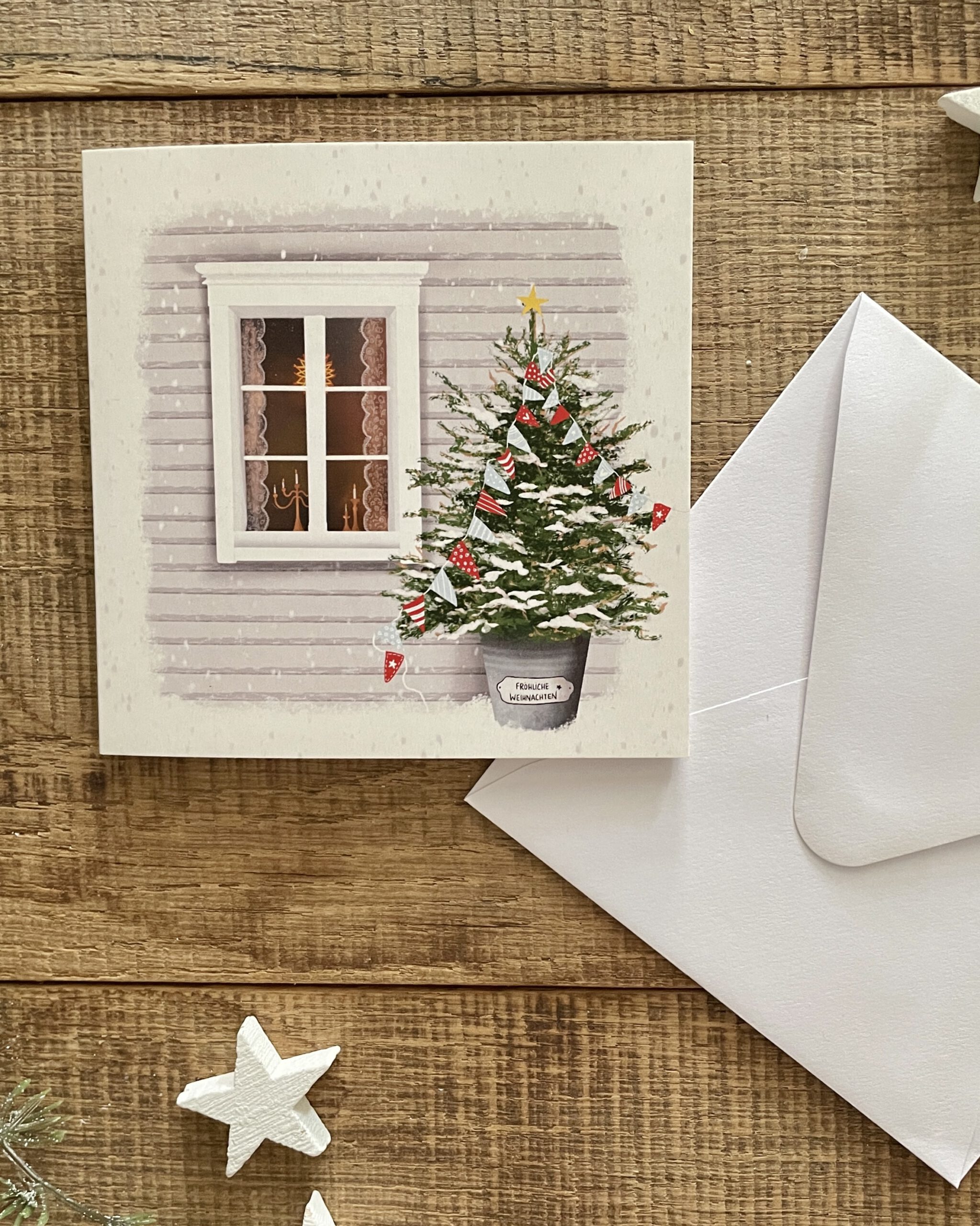 Klappkarte Weihnachtsfenster Innenseite beschreibbar quadratisches Kuvert weiß Ann und Jan