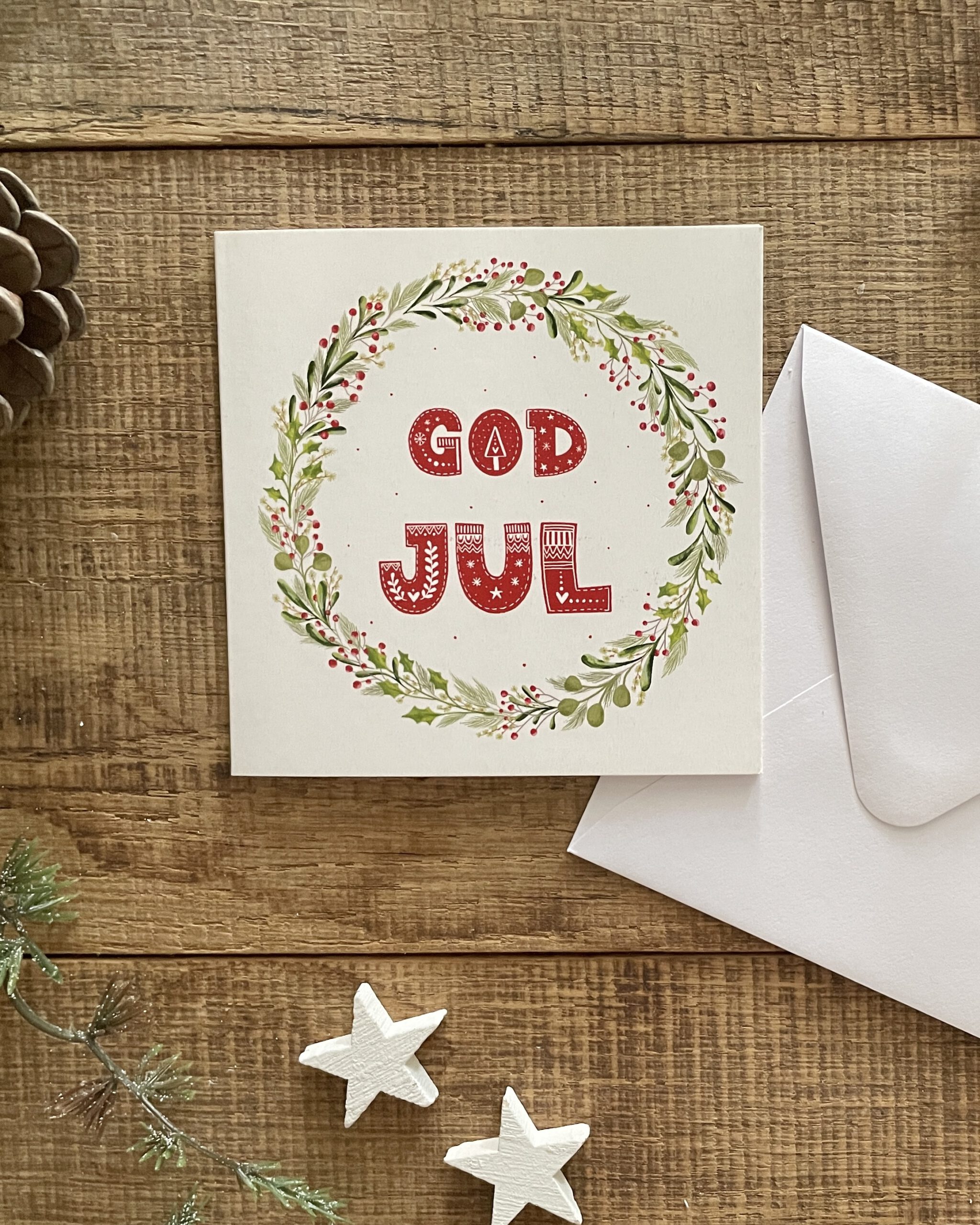 Klappkarte God Jul Innenseite beschreibbar quadratisches Kuvert weiß Ann und Jan