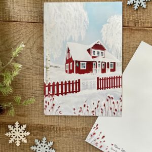 Handillustrierte große Postkarte Kleine Lotta rotes Schwedenhaus verschneiter Garten Birken Gartenzaun von Ann und Jan
