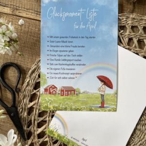 Handillustrierte große Postkarte Glücksmomente April Schwedenhäuser Mädchen Regenschirm Wiesenblumen Regenbogen von Ann und Jan