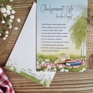 Handillustrierte große Postkarte Glücksmomente August Picknickdecke Margeriten Birken Sonnenhut von Ann und Jan