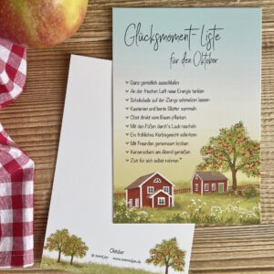 Handillustrierte große Postkarte Glücksmomente Oktober Schwedenhäuser Apfelbaum Herbstwiese von Ann und Jan