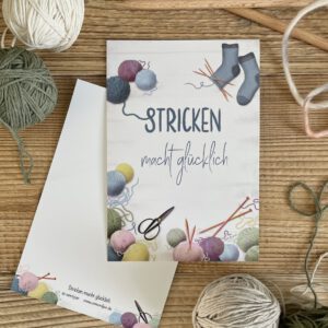 Handillustrierte große Postkarte Stricken macht glücklich Wolle Stricknadeln selbstgemachte Socken von Ann und Jan