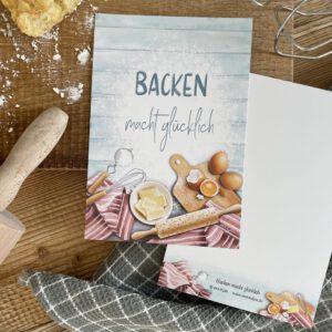 Handillustrierte große Postkarte Backen macht glücklich Backszene Mehl Eier Teigrolle Rührbesen von Ann und Jan
