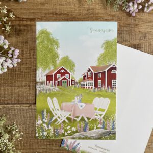 Handillustrierte große Postkarte Sommergarten skandinavische Gartenszene Schwedenhäuser Birken Gartentisch von Ann und Jan