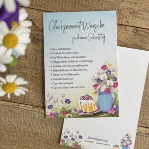 Handillustrierte große Geburtstagskarte Geburtstagswünsche Kuchen Beeren Blumenstrauß Glücksmomente von Ann und Jan