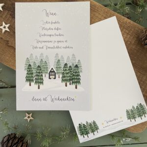 Handillustrierte große Weihnachtskarte dann ist Weihnachten hell erleuchtetes Holzhaus Winterwald von Ann und Jan