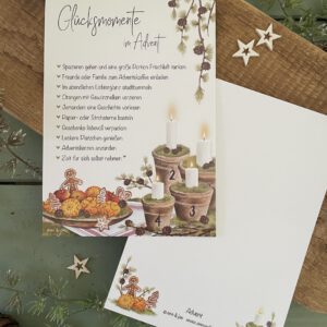 Handillustrierte große Adventspostkarte Glücksmomente im Advent Adventsteller Kerzen Tontöpfe von Ann und Jan