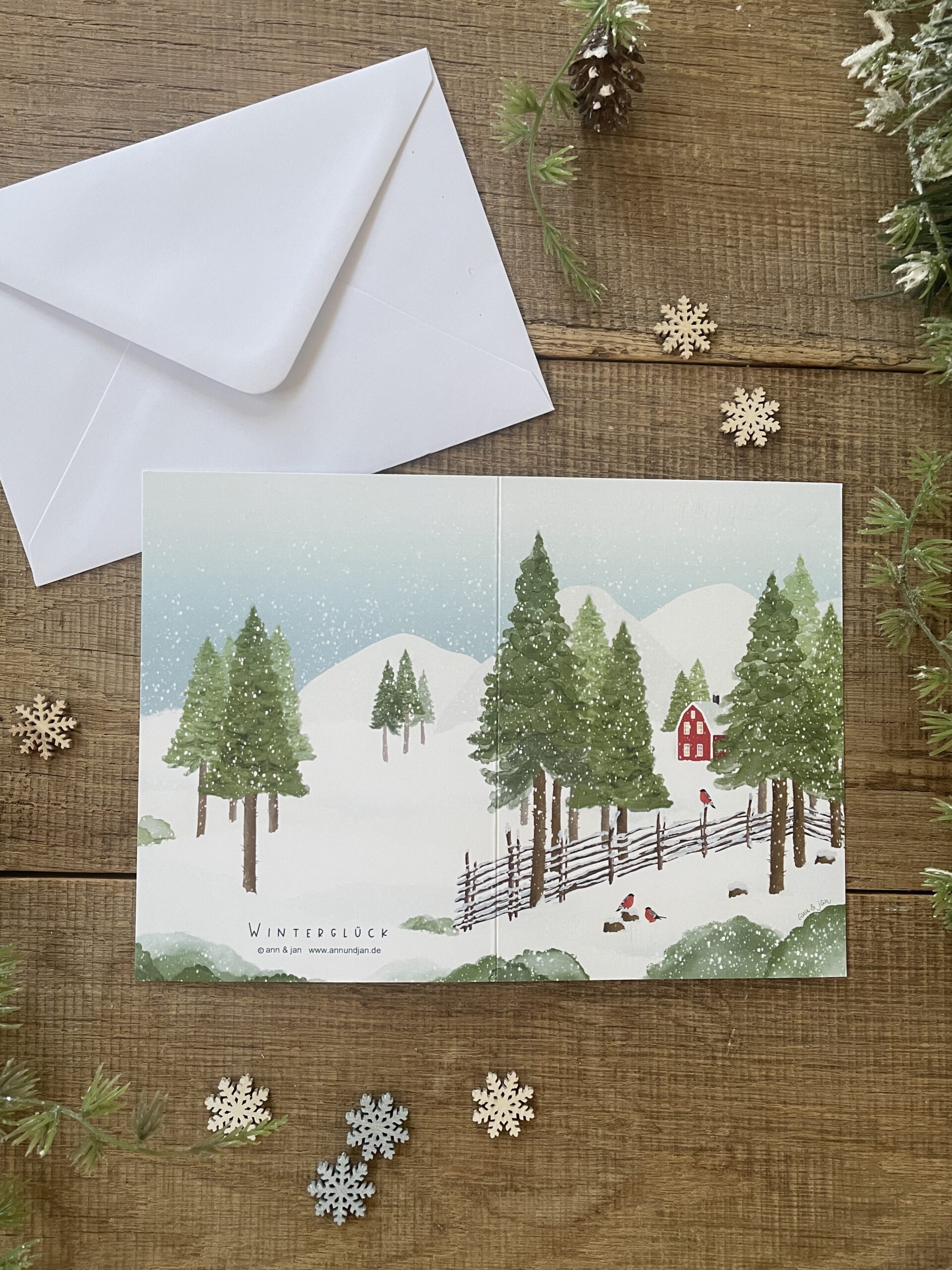 Klappkarte Winterglück Außenseite mit Kuvert weiß oder Recyclingpapier blau Ann und Jan