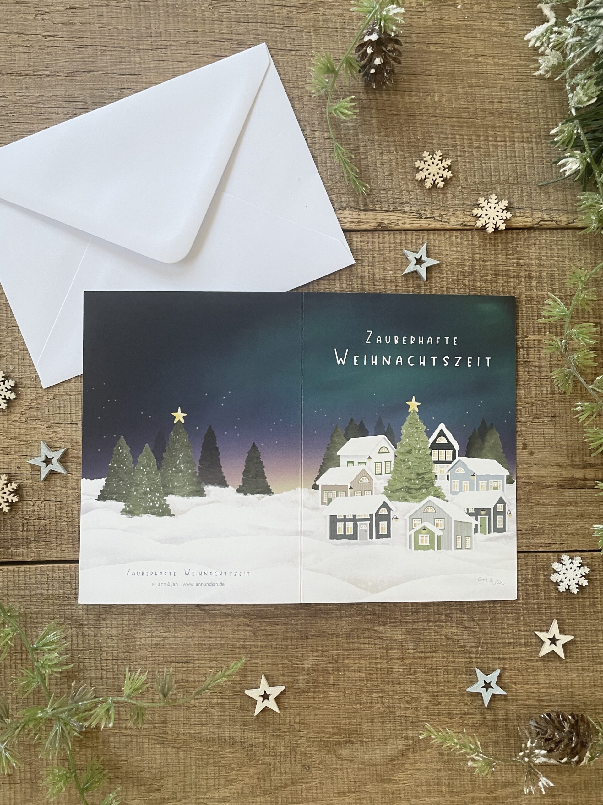 Weihnachtsklappkarte Zauberhafte Weihnachtszeit aufgeklappt Motiv Chromokarton Ann und Jan
