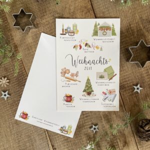 Handillustrierte große Weihnachtskarte Gemütliche Weihnachtszeit mit Weihnachtsmotiven Texten von Ann und Jan