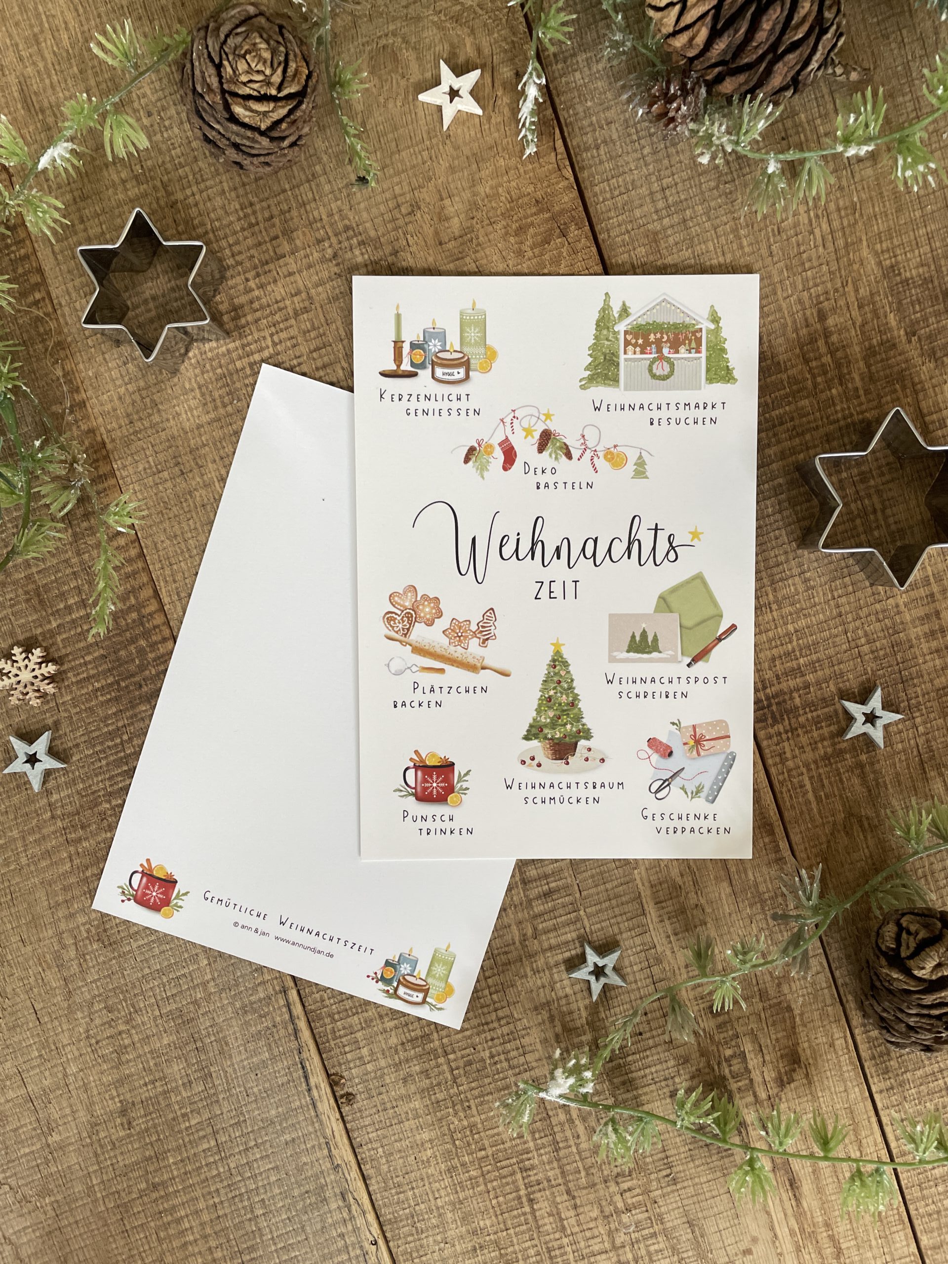 Handillustrierte große Weihnachtskarte Gemütliche Weihnachtszeit mit Weihnachtsmotiven Texten von Ann und Jan