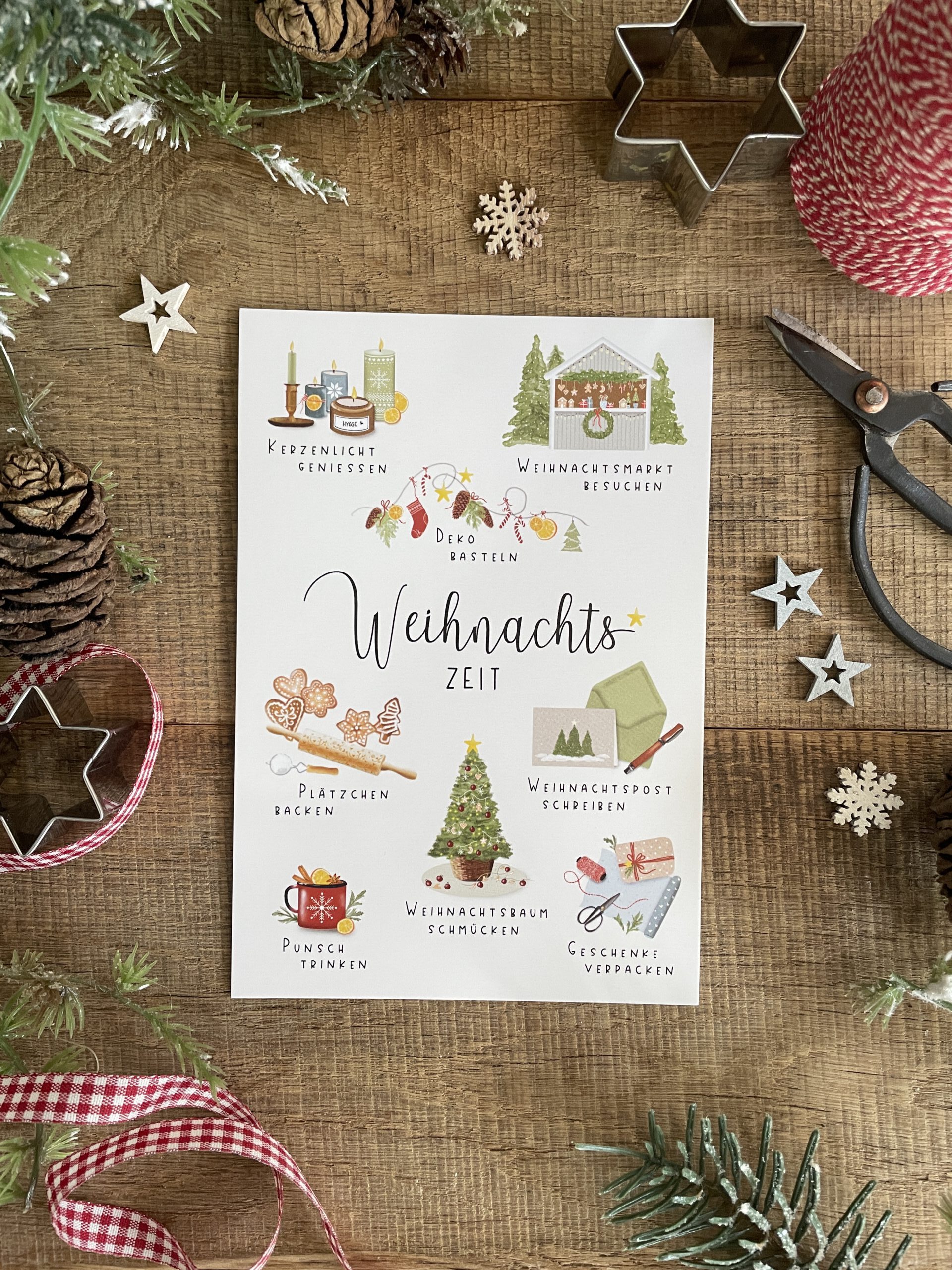 Weihnachtskarte Gemütliche Weihnachtszeit Detailansicht Weihnachtsbaum Plätzchen Punsch handillustriert Ann und Jan