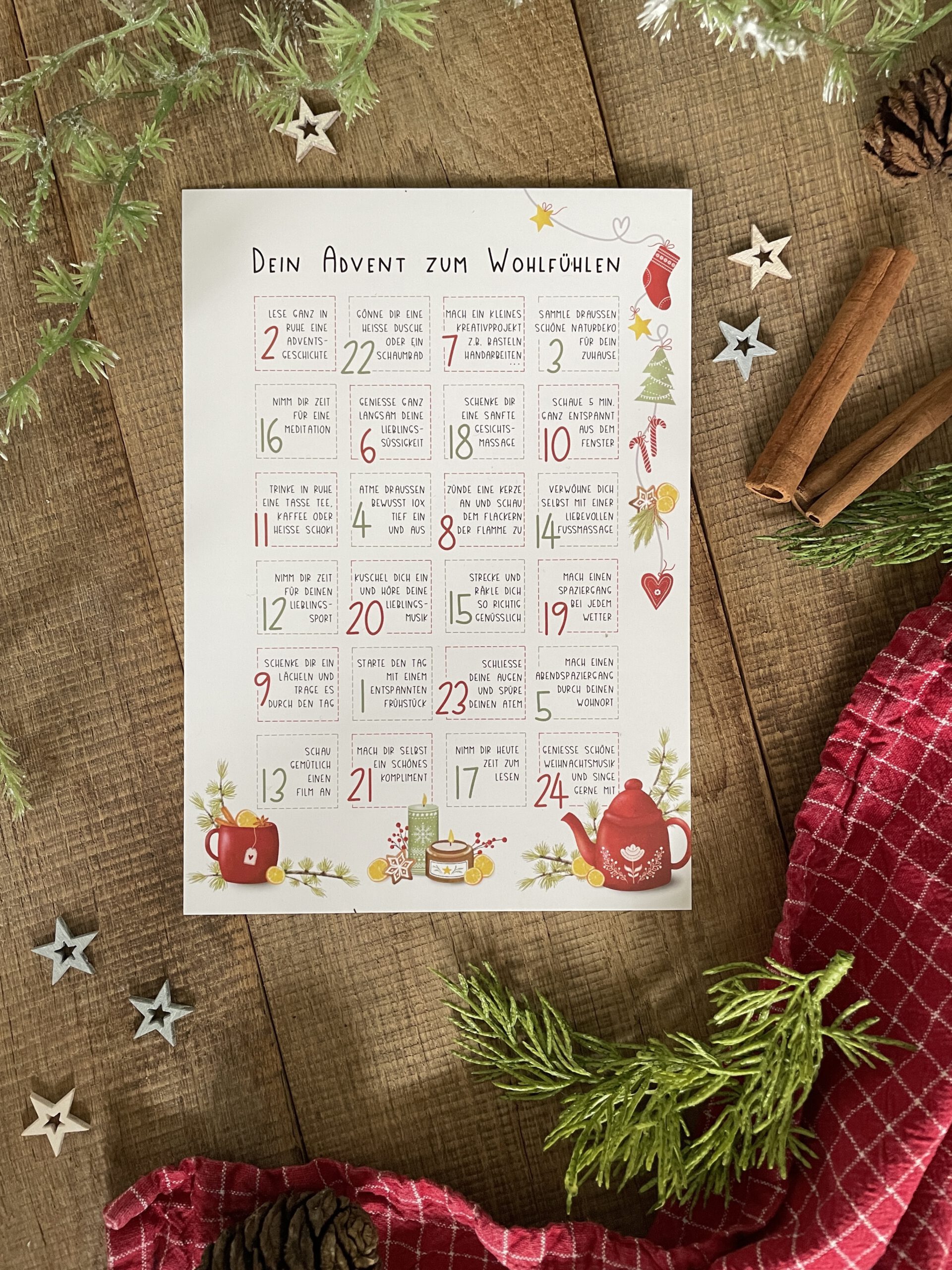 Adventskalender Karte Wohlfühlen Detailansicht 24 Wohlfühlmomente Advent handillustriert Ann und Jan