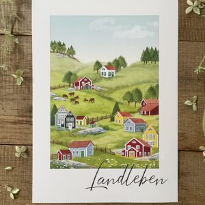 Handillustrierter Kunstdruck Landleben skandinavische Landschaft Holzhäuser Wiesen Kühe von Ann und Jan
