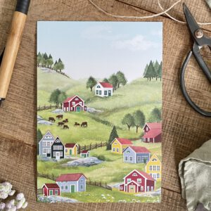 Handillustrierte große Postkarte Landleben skandinavische Hügellandschaft Holzhäuser Wiesen Weiden von Ann und Jan