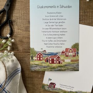 Handillustrierte große Postkarte Glücksmomente in Schweden rote Schwedenhäuser Meer Wiesen Felsen von Ann und Jan