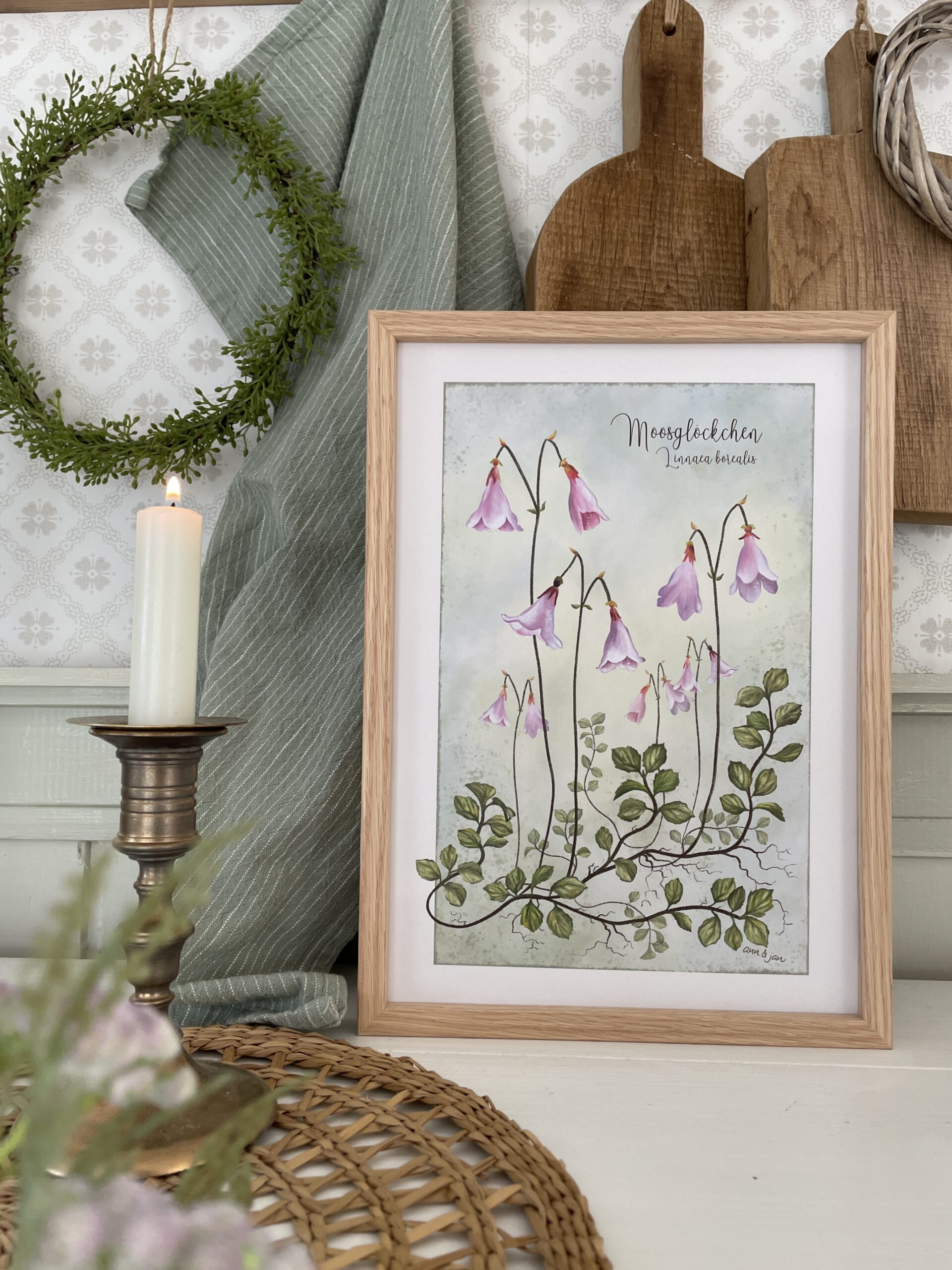 Kunstdruck Moosglöckchen Linnaea borealis sanfte Farben handillustriert Ann und Jan