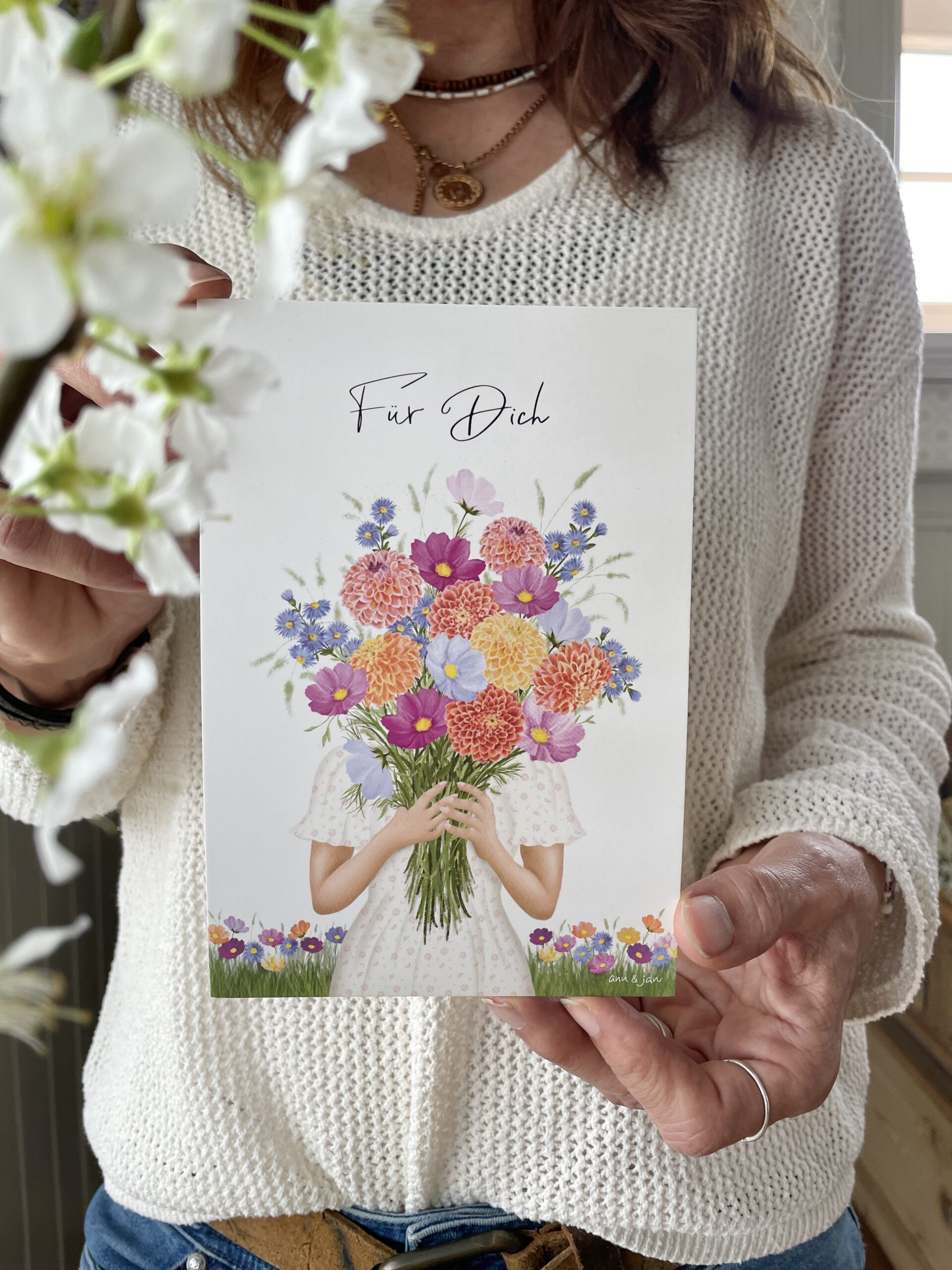 Postkarte Für Dich Detailansicht Blumenstrauß Dahlien Gräser handillustriert Ann und Jan