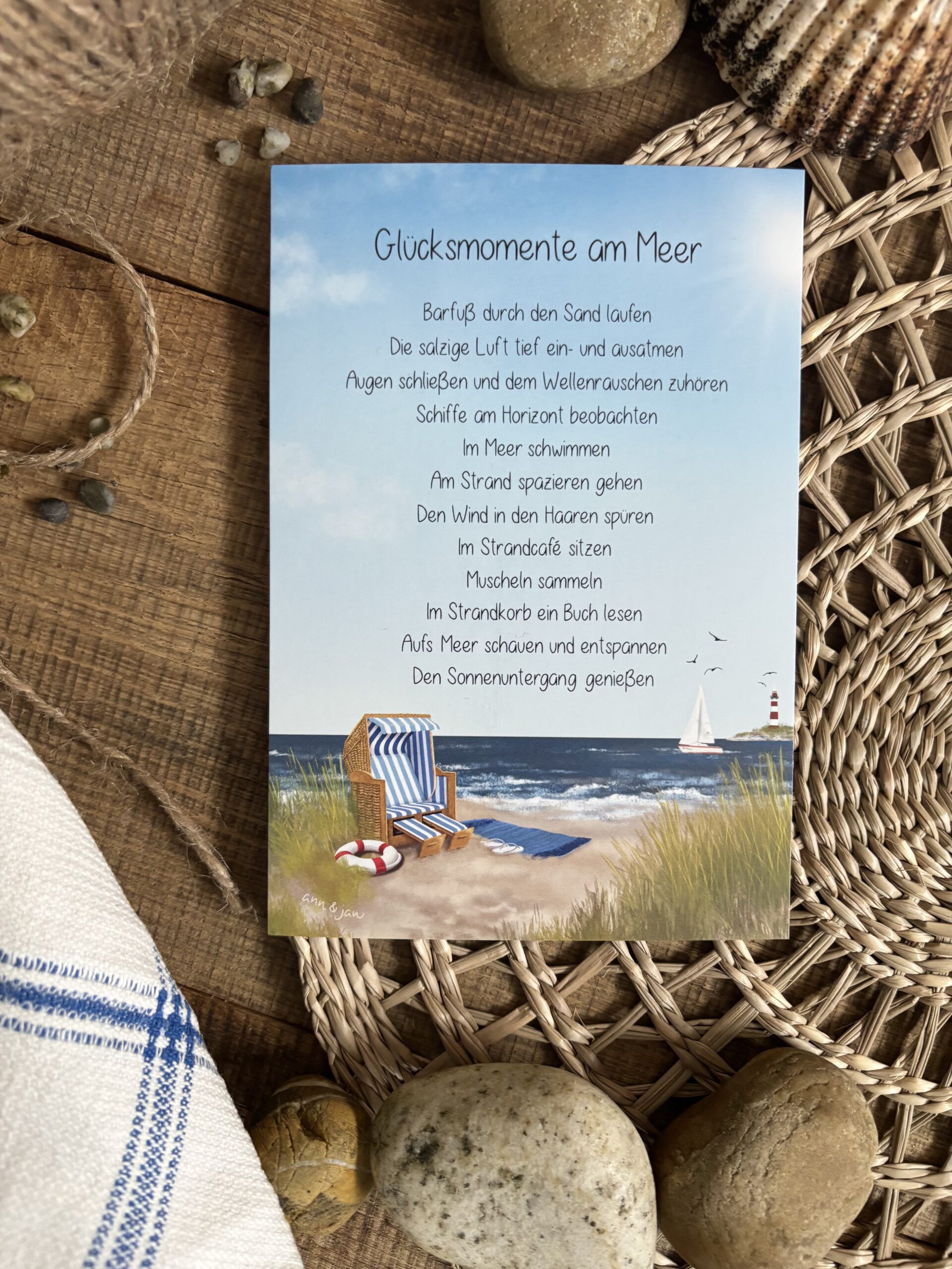 Postkarte Glücksmomente am Meer Detailansicht Liste Glücksmomente Strand handillustriert Ann und Jan