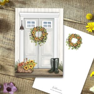 Handillustrierte große Postkarte Willkommen Spätsommer Hauseingang Sonnenblumen Äpfel Gummistiefel von Ann und Jan
