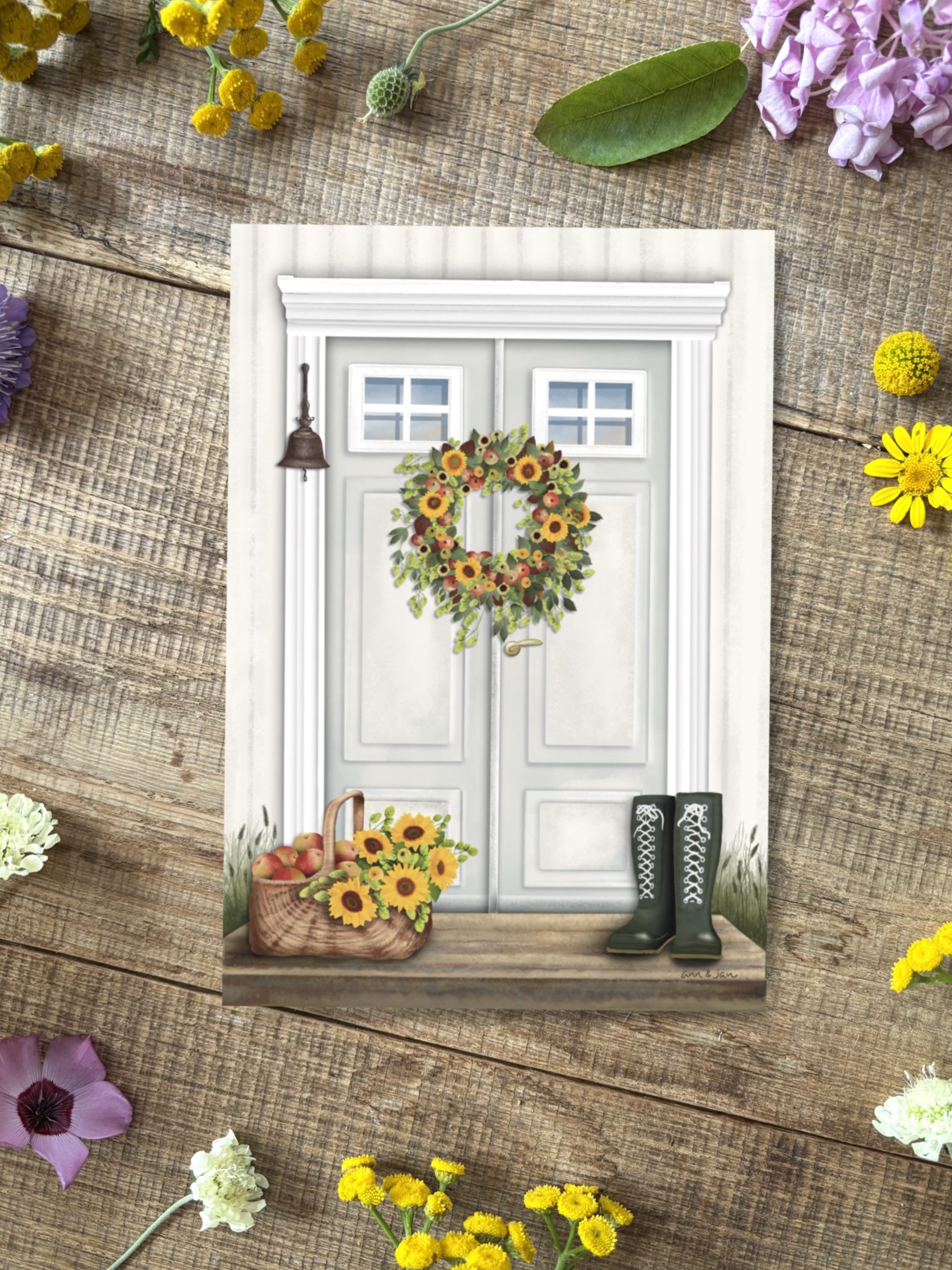 Postkarte Willkommen Spätsommer Detailansicht Hauseingang Sonnenblumen handillustriert Ann und Jan