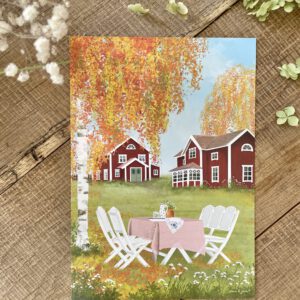 Handillustrierter Kunstdruck Höstträdgård skandinavischer Herbstgarten bunte Birken Schwedenhäuser Gartentisch von Ann und Jan