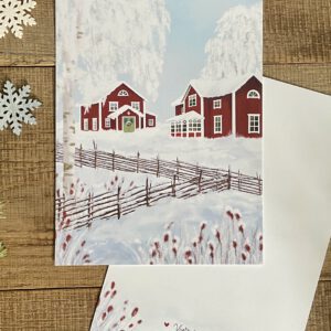 Handillustrierter Kunstdruck Vinterträdgård falunrote Schwedenhäuser verschneite Winterlandschaft von Ann und Jan DIN A5