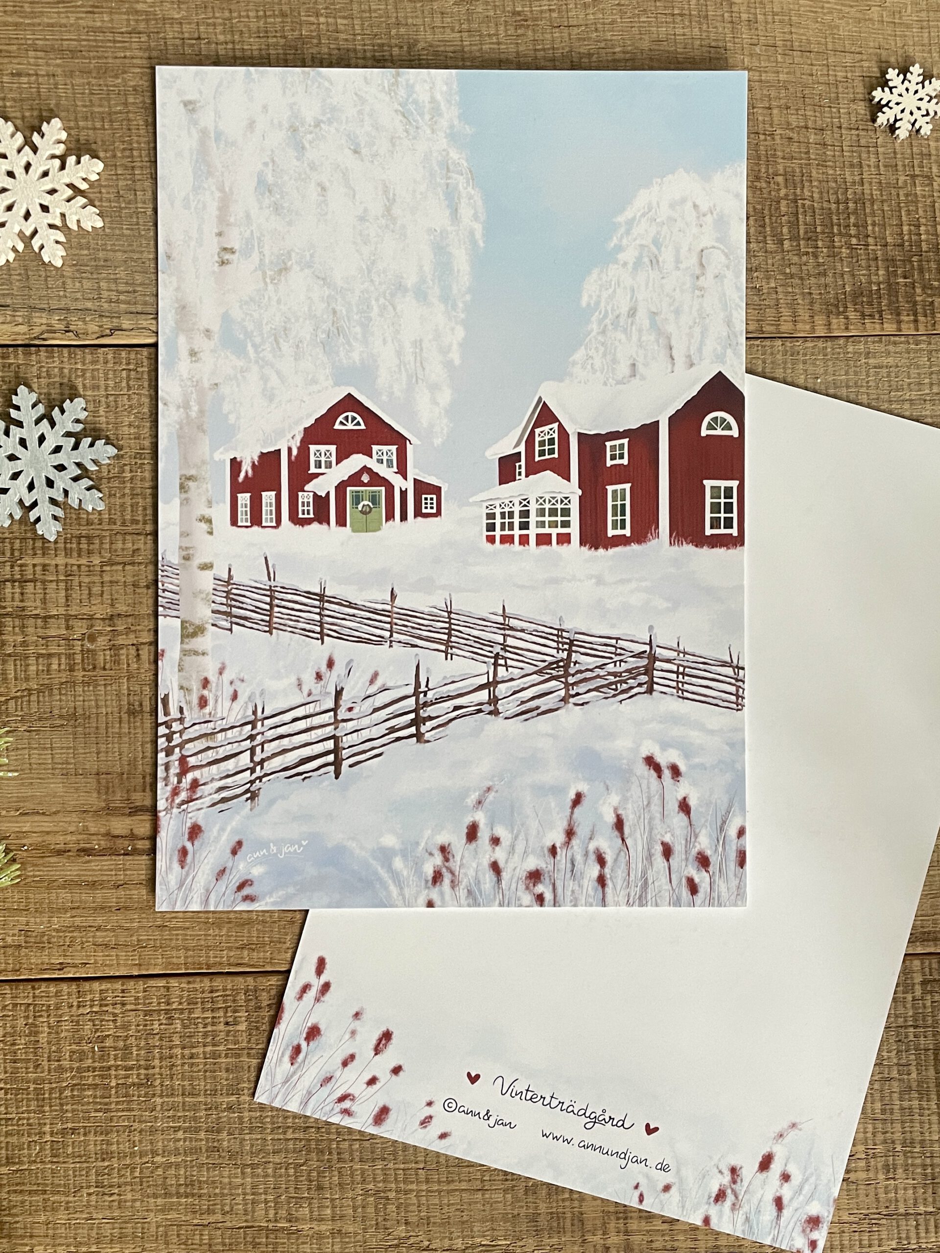 Handillustrierter Kunstdruck Vinterträdgård falunrote Schwedenhäuser verschneite Winterlandschaft von Ann und Jan DIN A5