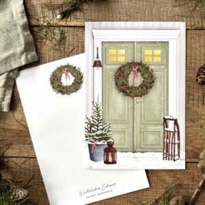 Handillustrierte große Postkarte Winterliches Zuhause Hauseingang Tannenbaum Laterne Schlitten Schnee von Ann und Jan