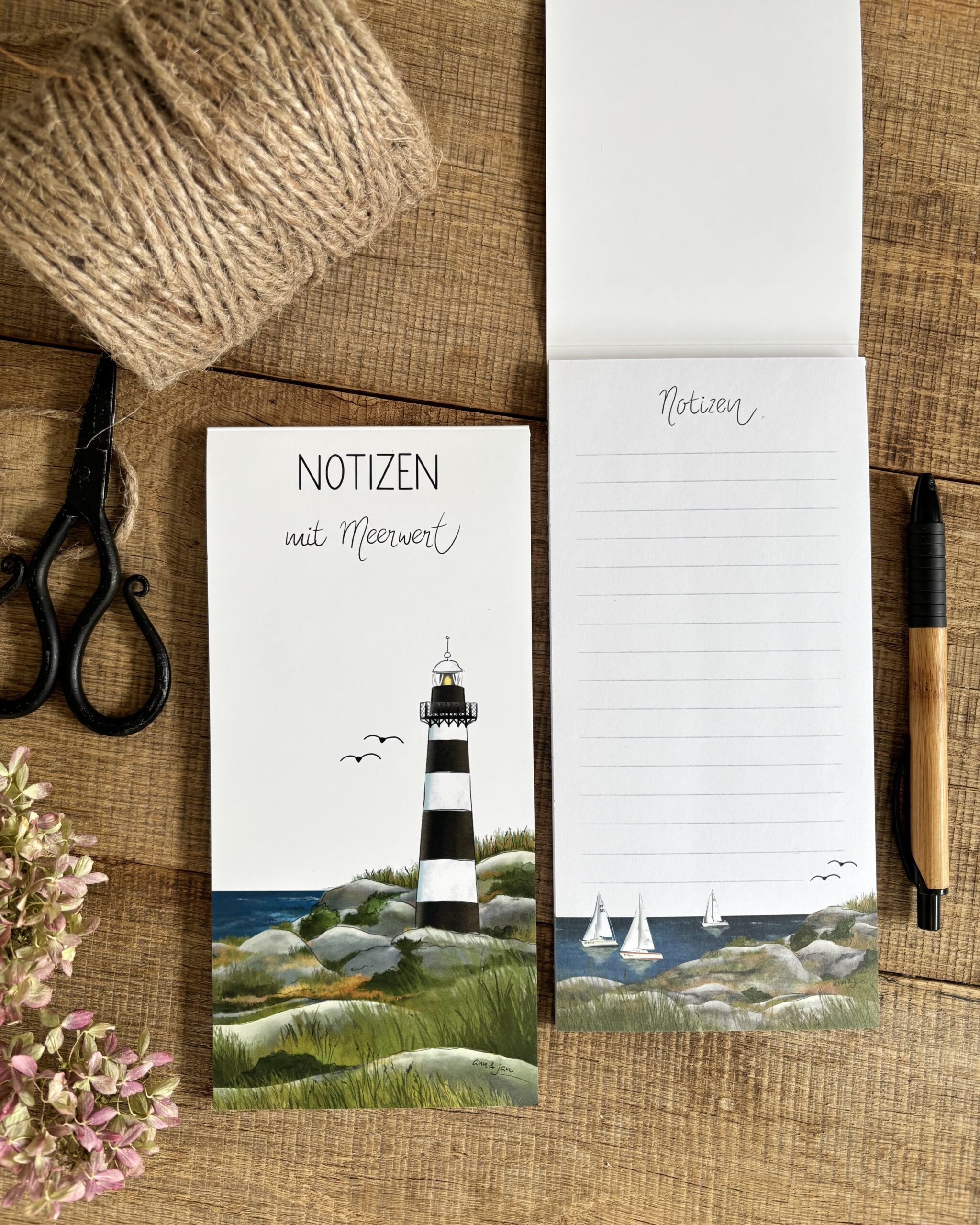 Notizblock Emil maritime Motive Segelboote Küste Leuchtturm liniert handillustriert Ann und Jan