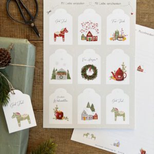 Handillustriertes Geschenkanhänger Set Winterzauber mit 9 skandinavischen Wintermotiven Dalapferd Holzhäuschen von Ann und Jan