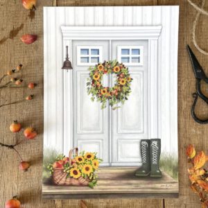 Handillustrierter Kunstdruck Willkommen Hauseingang Sonnenblumen Äpfel, Gummistiefel von Ann und Jan