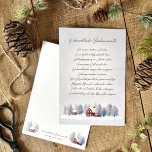 Handillustrierte große Weihnachtskarte Glücksmomente Schwedenhaus verschneite Winterlandschaft von Ann und Jan